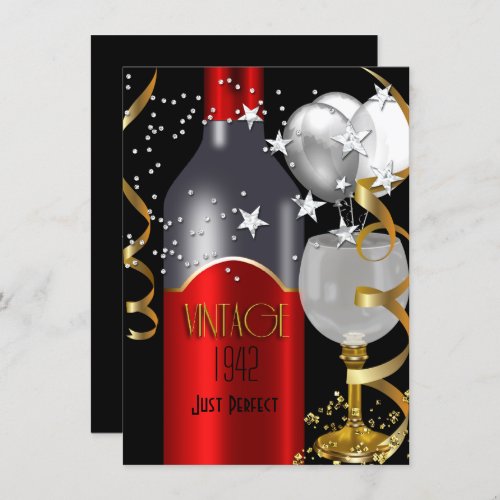Vintage 70th Birthday Red Wine Black Gold Silver Invitation