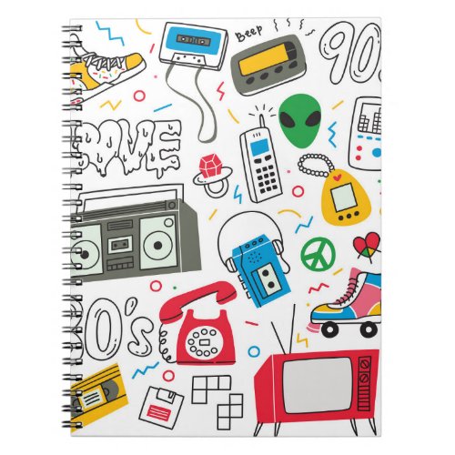 Vintage 80s 90s doodle with boom box television notebook