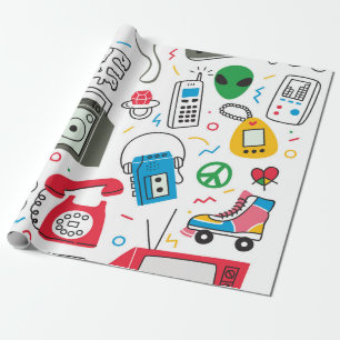 Vintage 80's 90's doodle with boom box, television wrapping paper
