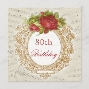 Vintage 80th Birthday Red Rose Frame Music Sheet Invitation