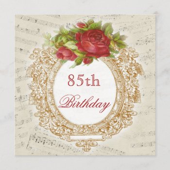 Vintage 85th Birthday Red Rose Frame Music Sheet Invitation by Sarah_Designs at Zazzle