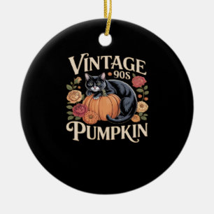 Vintage 90s Cat Pumpkin Halloween Retro Floral Spo Ceramic Ornament