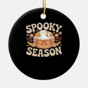 Vintage 90s Cat Pumpkin Halloween Retro Floral Spo Ceramic Ornament