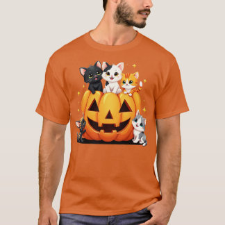 Vintage 90s Cat Pumpkin Halloween Retro Floral Spo T-Shirt