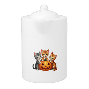 Vintage 90s Cat Pumpkin Halloween Retro Floral Spo Teapot