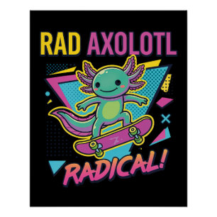 Vintage 90s style Axolotl Skateboard Rad neon Poster