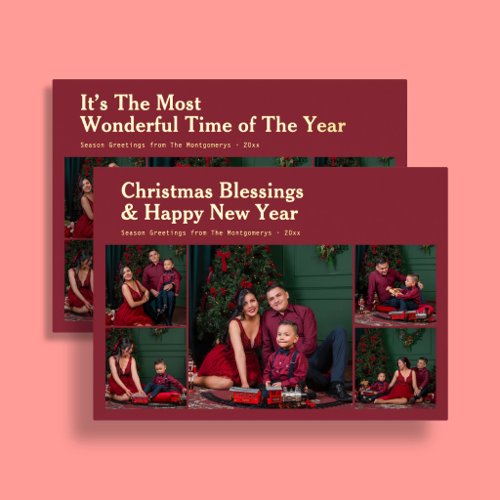 Vintage 9 Family Photo Christmas Quote Red Foil Holiday Card
