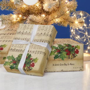 Vintage A Child This Day Is Born Christmas Carol Wrapping Paper