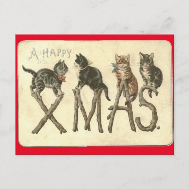 Vintage A Happy Xmas Cat's Christmas Post Card (Front)