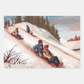 Vintage "A Merry Christmas" Card of Snow Sledders Wrapping Paper Sheets
