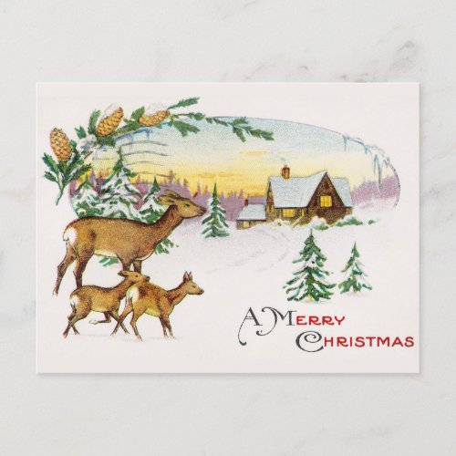 Vintage A Merry Christmas Deer and House in Snow Holiday Postcard