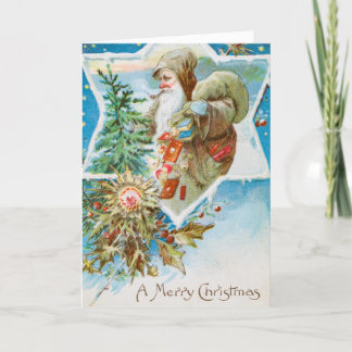 Vintage A Merry Christmas Old Man and Tree Holiday Card