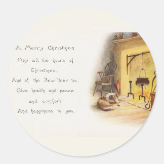 Vintage A Merry Christmas Poem Dog and Fireplace Classic Round Sticker
