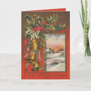 Vintage "A Merry Christmas" Winter Village Holiday Card