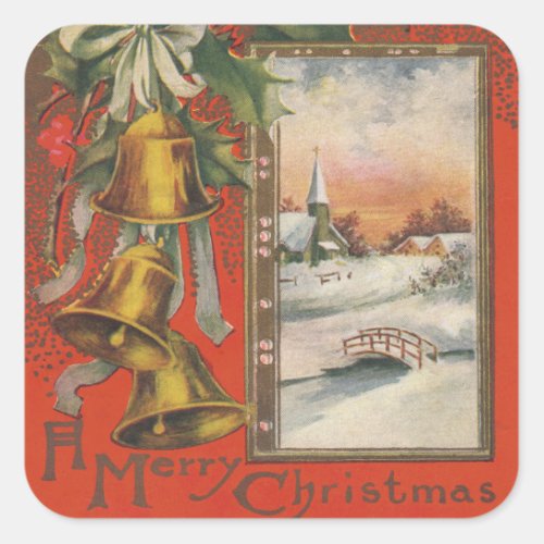 Vintage A Merry Christmas with Bells Square Sticker
