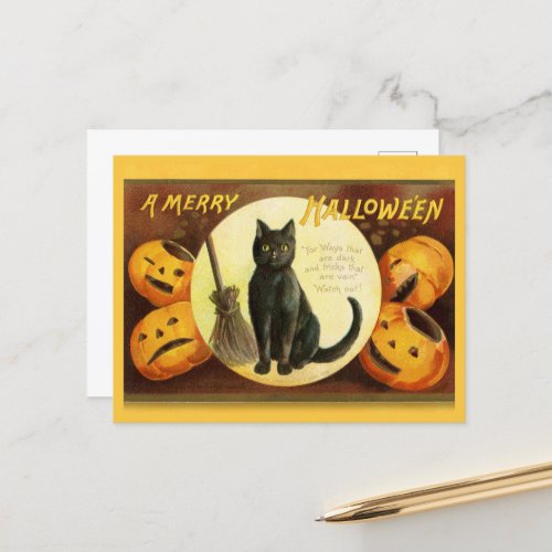 Vintage A Merry Halloween Black Cat Broom Holiday Postcard