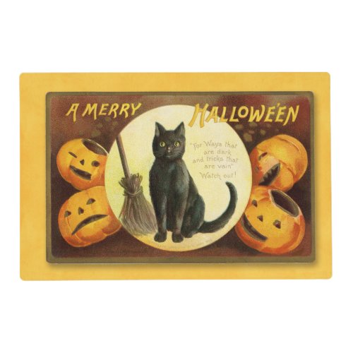 Vintage A Merry Halloween Black Cat Broom Placemat