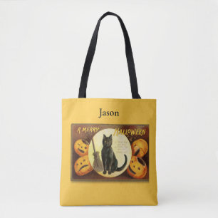 Vintage A Merry Halloween Black Cat Tote Bag