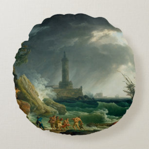 Vintage A Storm on a Mediterranean Coast Round Pillow