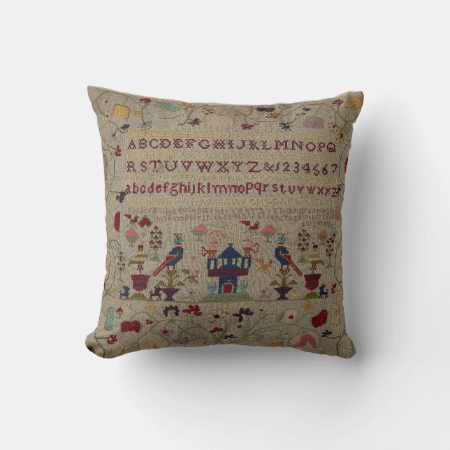 Vintage ABC Embroidery Throw Pillow (Front)