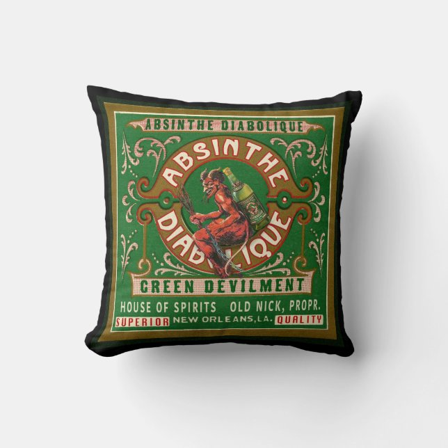 Vintage Absinthe Label Black Pillow (Front)