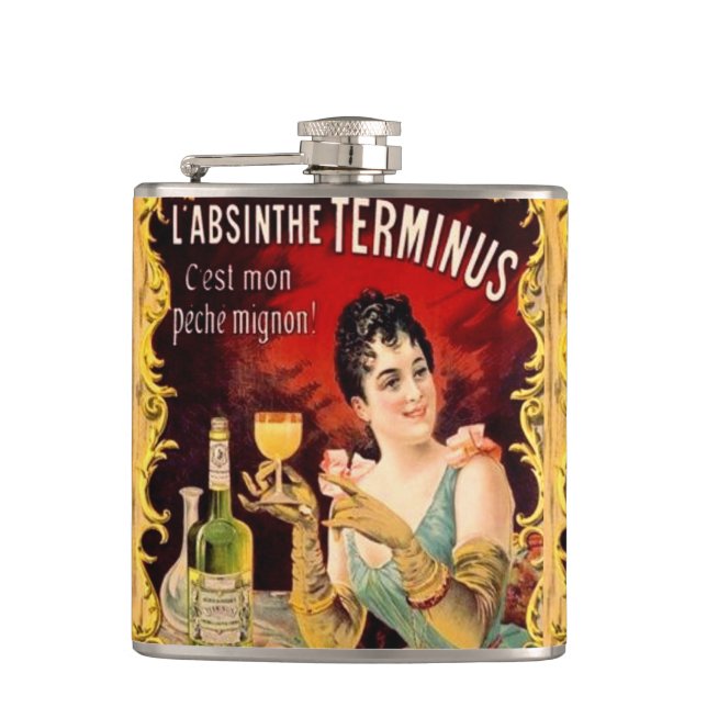 Vintage Absinthe Lady Drinking Art Nouveau Label Flask (Front)