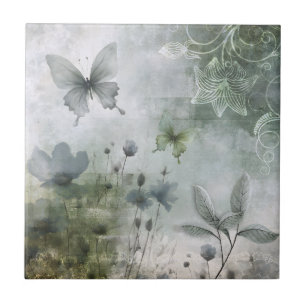 Vintage Abstract Butterflies Flowers Design 401 Ceramic Tile