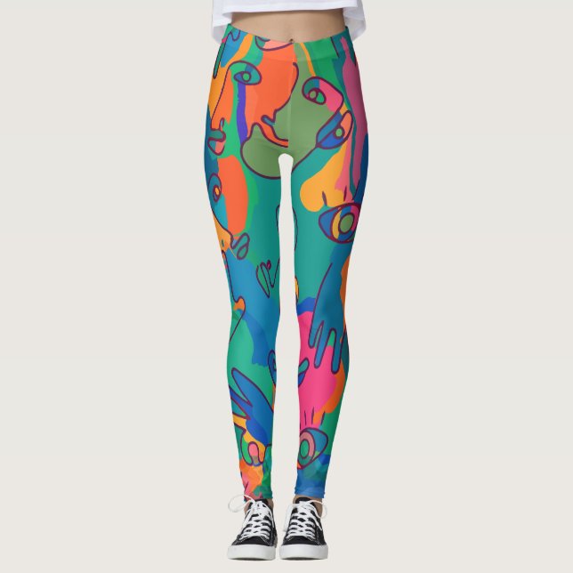 Vintage Abstract Face Finger Doodle Line Leggings (Front)