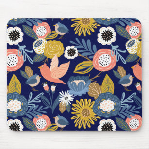 Vintage Abstract Floral Botanical & Bird Pattern Mouse Pad