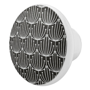 Vintage Abstract Floral in Black and White Pattern Ceramic Knob