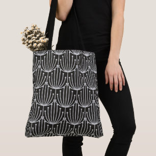 Vintage Abstract Floral in Black and White Pattern Tote Bag