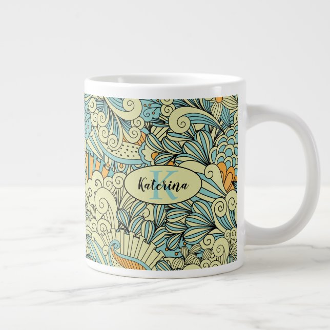 Vintage Abstract  Floral Monogrammed Giant Coffee Mug (Right)