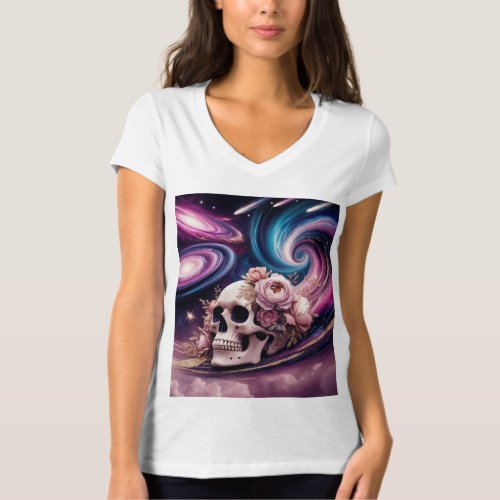 Vintage Abstract Galactic Floral Skull T_Shirt