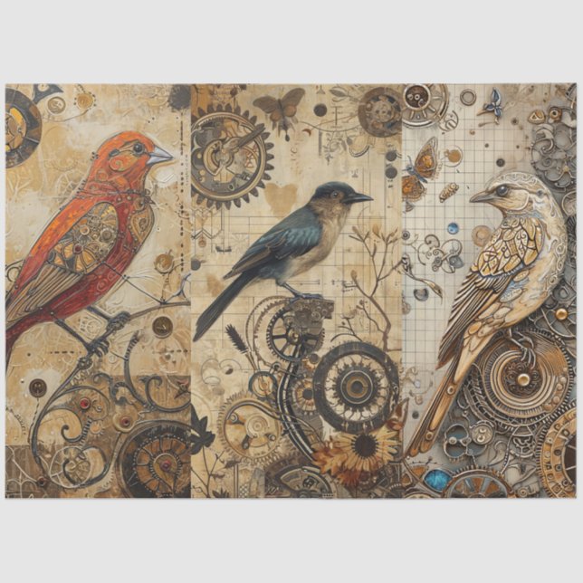 Vintage Abstract Grunge Birds Decoupage Tissue Paper (Front)