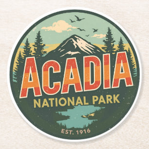 Vintage Acadia National park outdoor nature gifts Round Paper Coaster