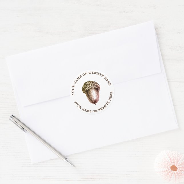 Vintage Acorn with Custom Text Classic Round Sticker (Envelope)
