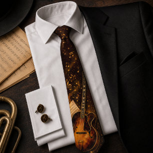 Vintage Acoustic Guitar Musical Notes Dark Neck Tie