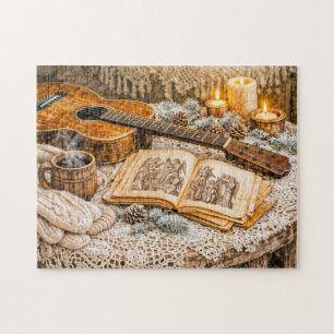 Vintage Acoustic Guitar with Candles and Cozy Wint Jigsaw Puzzle