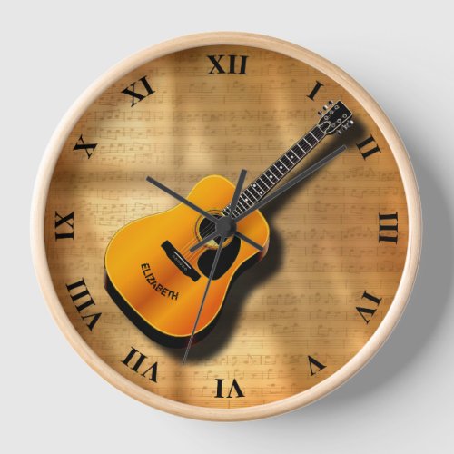 Vintage Acoustic Guitar With Musician Custom Name Clock
