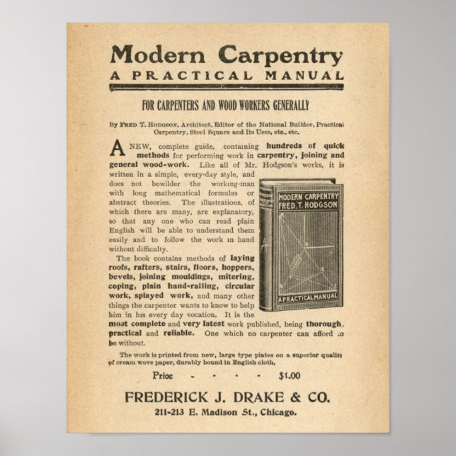Vintage Ad Advertisement for Modern Carpentry Book Poster (Front)