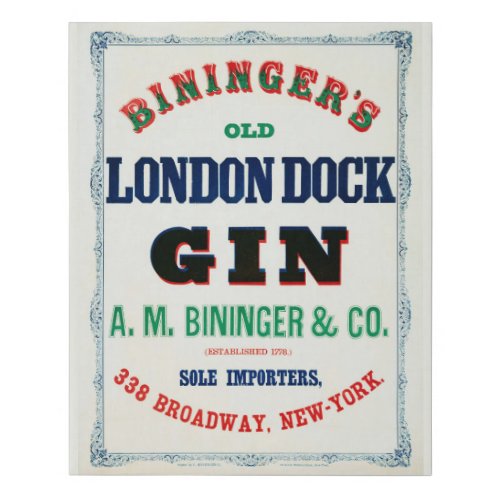 Vintage Ad For Biningers Old London Dock Gin Faux Canvas Print