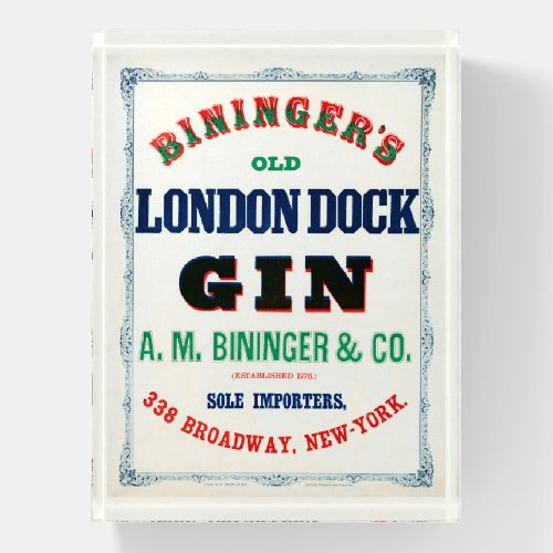 Vintage Ad For Biningers Old London Dock Gin Paperweight