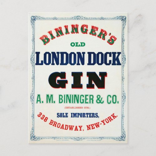 Vintage Ad For Biningers Old London Dock Gin Postcard