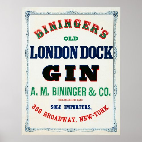 Vintage Ad For Biningers Old London Dock Gin Poster