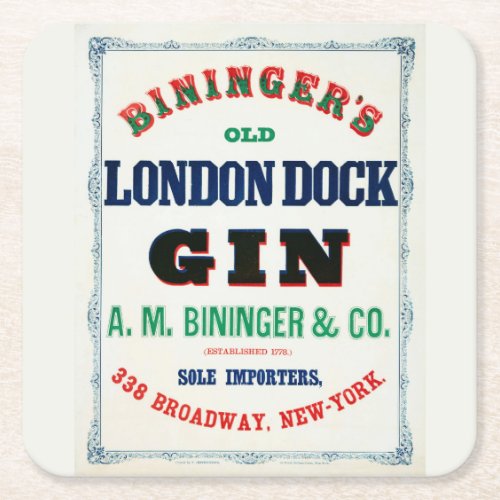 Vintage Ad For Biningers Old London Dock Gin Square Paper Coaster