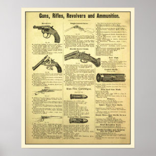 Vintage ad guns, rifles, revolvers and ammunition poster