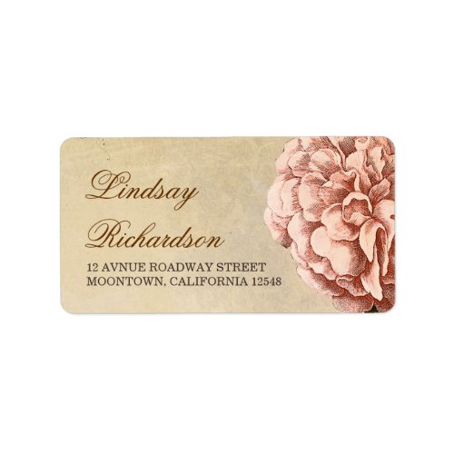 vintage address label  with pink peony blossom