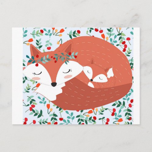 Vintage adorable cute mother fox wolf and her baby postcard