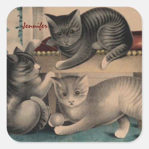 Vintage Adorable Kittens Lithograph Square Sticker