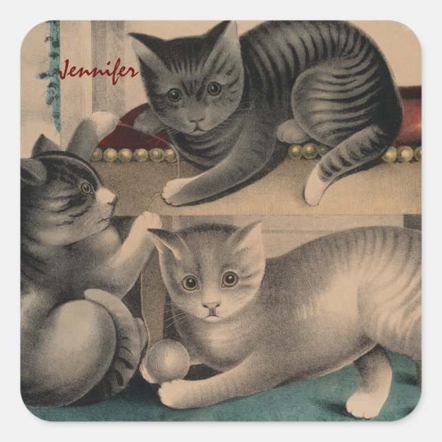 Vintage Adorable Kittens Lithograph Square Sticker (Front)